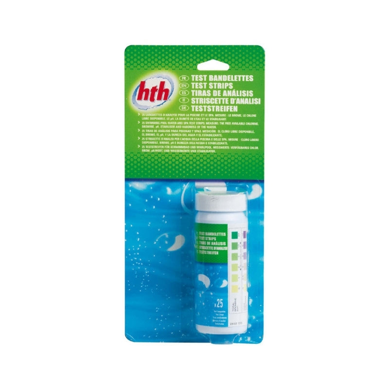HTH Teststreifen – 25 Analyse-Streifen zur schnellen Wasseranalyse im Pool oder Spa, messen pH, freies Chlor, Alkalinität und mehr.