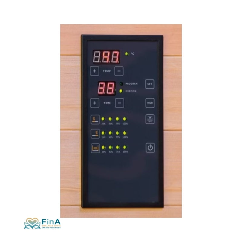 Digitale Steuerung der Infrarotkabine VITALhome Sunlight 155 Ecke mit Temperatur- und Zeiteinstellung.
