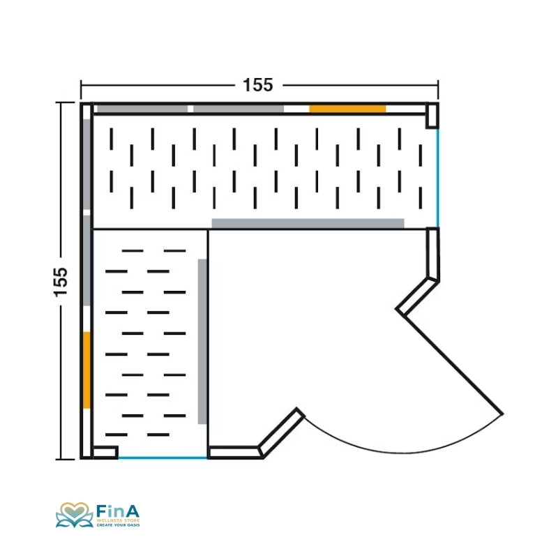 Technische Zeichnung der Infrarotkabine VITALhome Sunlight 155 Ecke – Maße 155 x 155 cm, optimal für Eckmontage.