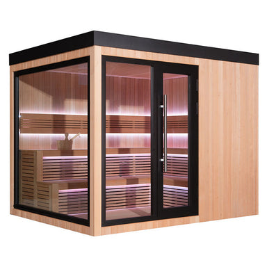 AWT Gartensauna THE CUBE X7-L aus Hemlock mit schwarzem Aluminiumrahmen und großflächigen Glasfronten