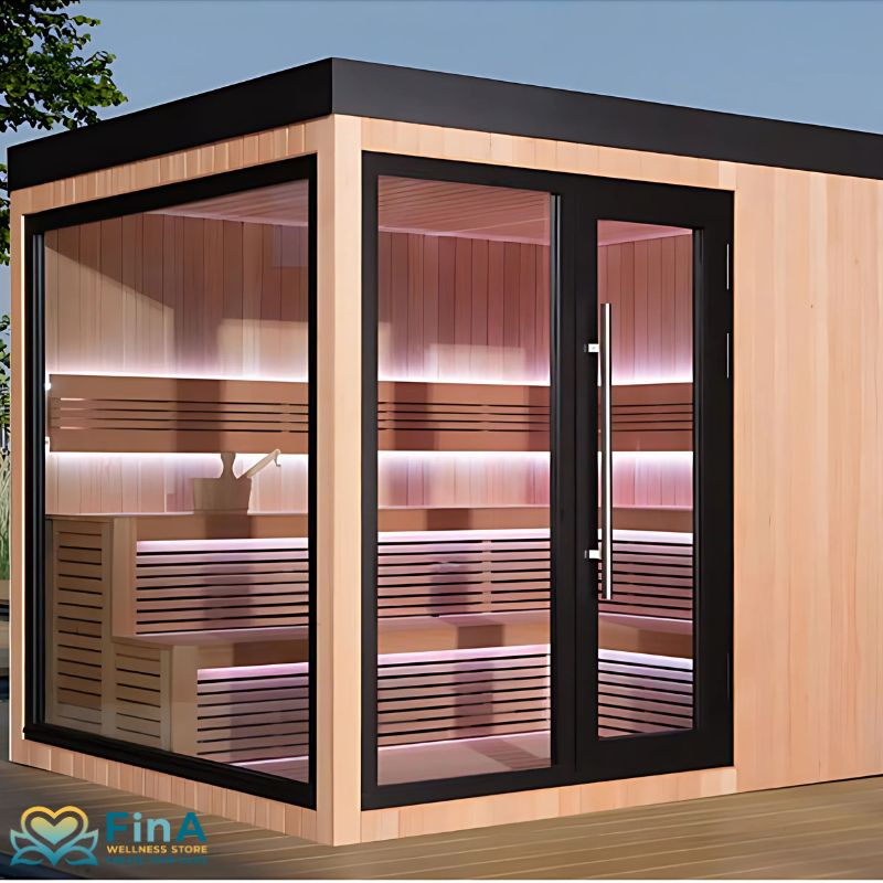 Freistehende Designsauna THE CUBE X7-L mit Panoramaverglasung und klarer Architektur im Außenbereich