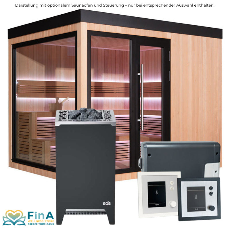 Gartensauna AWT THE CUBE X7-L aus Hemlock mit Panoramaverglasung und LED-Beleuchtung, kombiniert mit EOS Saunaofen und moderner Steuerungseinheit – Komplettset für stilvolle Outdoor-Wellness.