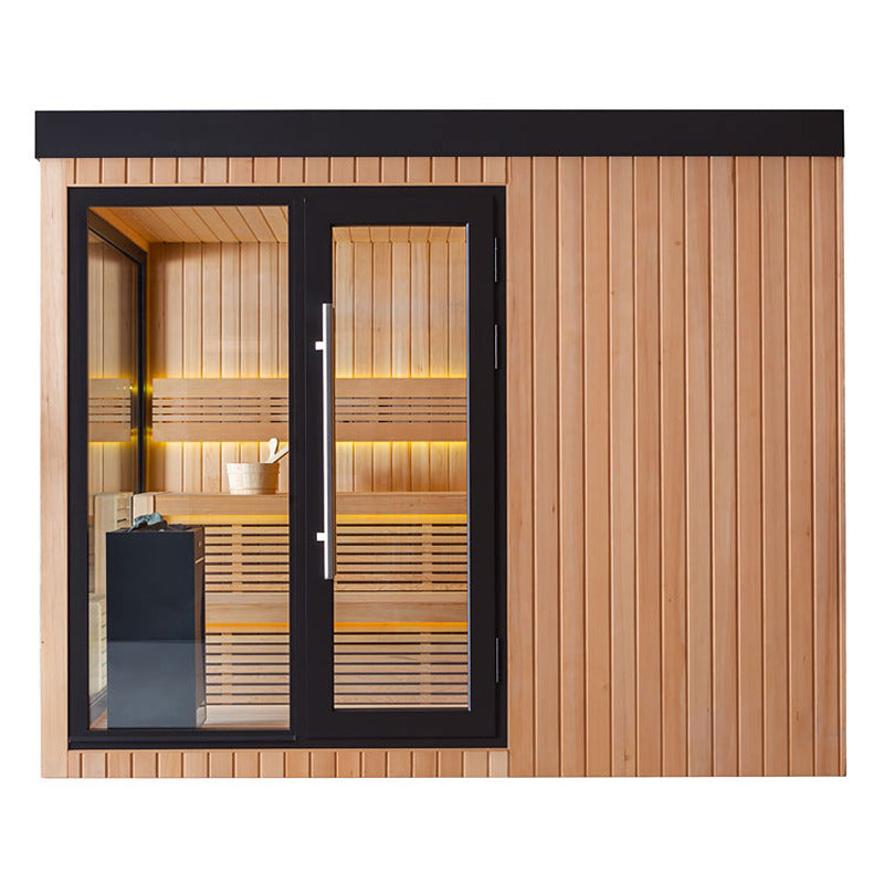Moderne Gartensauna mit LED-Licht, Glastür und sichtbarem Saunaofen im Innenraum
