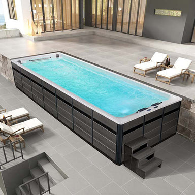 Großer Swim Spa AWT Innovation 800XL-T (800x300 cm) mit leistungsstarker Turbinen-Gegenstromanlage für intensives Schwimmtraining