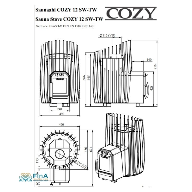 Technische Zeichnung Cozy 12 SW-TW – detaillierte Maßangaben und Aufbau für korrekte Installation