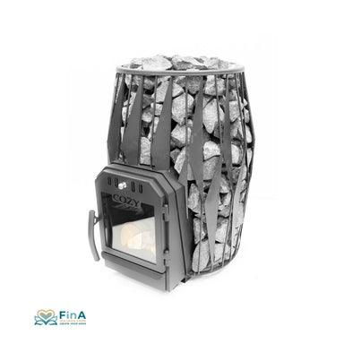 Hochwertiger COZY 18 OG Holz-Saunaofen mit sicherer Türöffnung, sichtbarem Feuerraum und Steinfüllung – perfekt für Wellnessfans