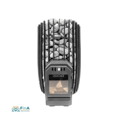 Cozy 12 SW-TW Saunaofen – Designansicht mit Sichtfenster und seitlichem Hitzeschutzblech