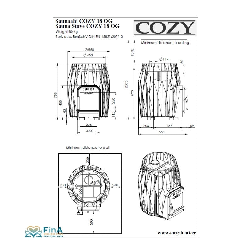 COZY 18 OG wood-burning sauna heater 10.1 kW - BimSchV 1 & 2 for 9-18 m³ sauna cabins
