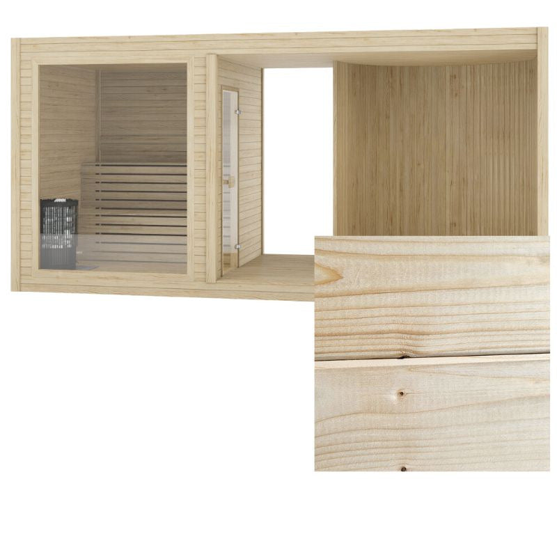 Gartensauna mit großem Fenster und hellem Naturholz-Finish, ergänzt durch Detailansicht der Holzoberfläche in Fichte naturbelassen.