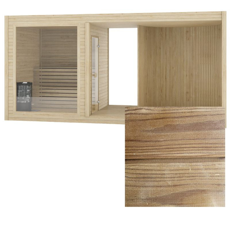 Designsauna mit rötlich-braunem Finish aus Thermo-Kiefer, ergänzt durch strukturreiche Detailaufnahme der thermisch behandelten Holzoberfläche.
