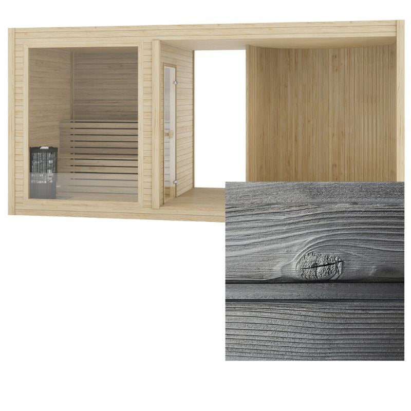 Moderne Außensauna mit dunkler, strukturierter Holzverkleidung in Shou Sugi Ban Optik, inklusive Nahaufnahme der markanten Holzmaserung.