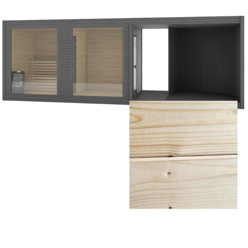 Gartensauna Tauras Balance
mit großem Fenster und hellem Naturholz-Finish, ergänzt durch Detailansicht der Holzoberfläche in Fichte naturbelassen.