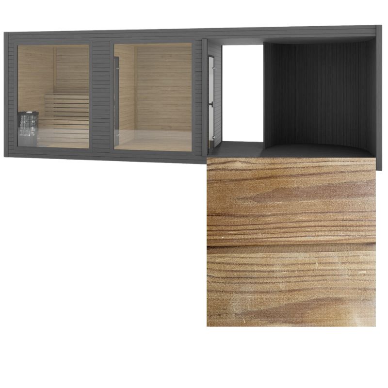 Designsauna Tauras Balance mit rötlich-braunem Finish aus Thermo-Kiefer, ergänzt durch strukturreiche Detailaufnahme der thermisch behandelten Holzoberfläche.