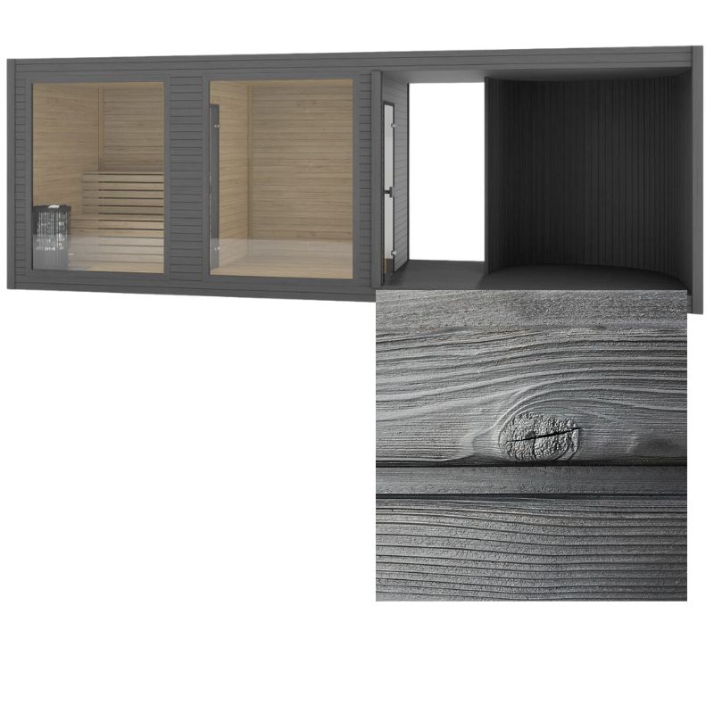 Moderne Außensauna Tauras Balance mit dunkler, strukturierter Holzverkleidung in Shou Sugi Ban Optik, inklusive Nahaufnahme der markanten Holzmaserung.