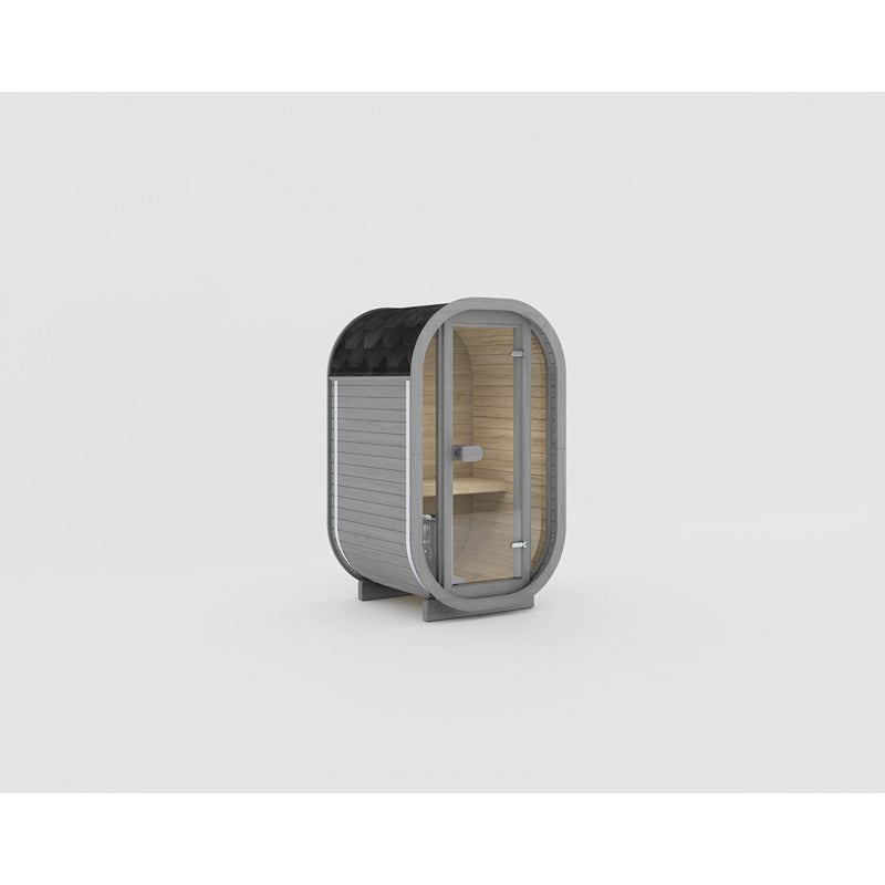 Celsium Ula Micro Sauna in Grau – kompakte Designsauna für Garten oder Balkon mit Glasfront und Bitumendach