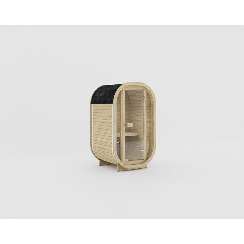 Ula Micro Sauna von Celsium in Farbton Hazel – elegante Außensauna für kleine Gärten und Terrassen