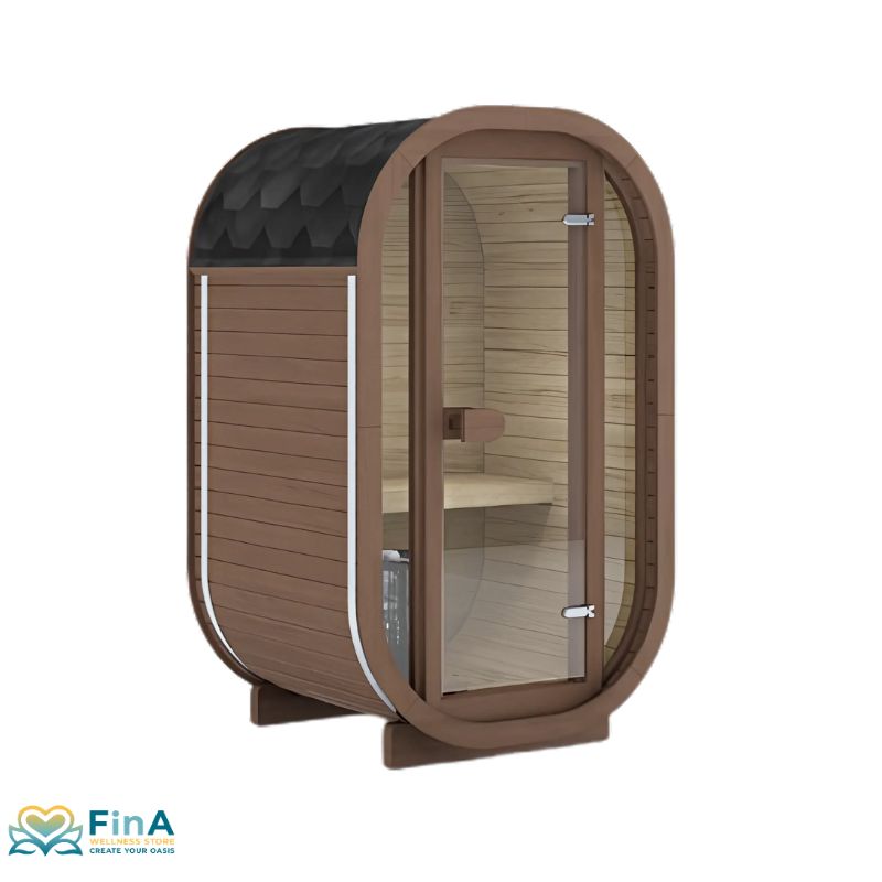 Kompakte Celsium Ula Micro Sauna in Teak – für stilvolle Wellnessmomente im Freien