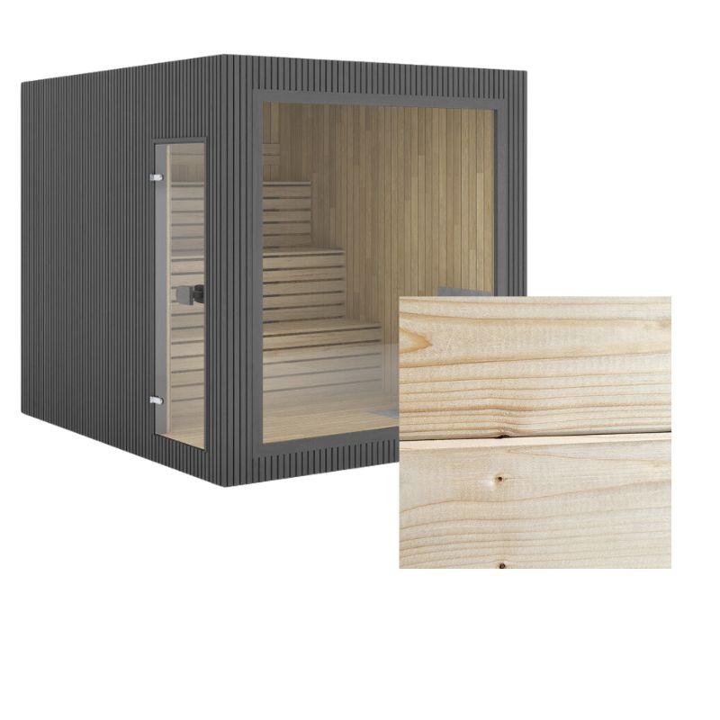 Fichte Sauna Jonas Large – Außenansicht in dunkler Fassadenverkleidung, Detailansicht der hellen Fichtenholzoberfläche.