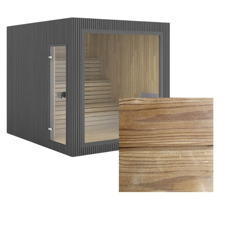 Thermo-Kiefer Sauna Jonas Large – Außenansicht in dunkler Fassadenverkleidung, Detailansicht der wärmebehandelten Kiefernholzoberfläche.