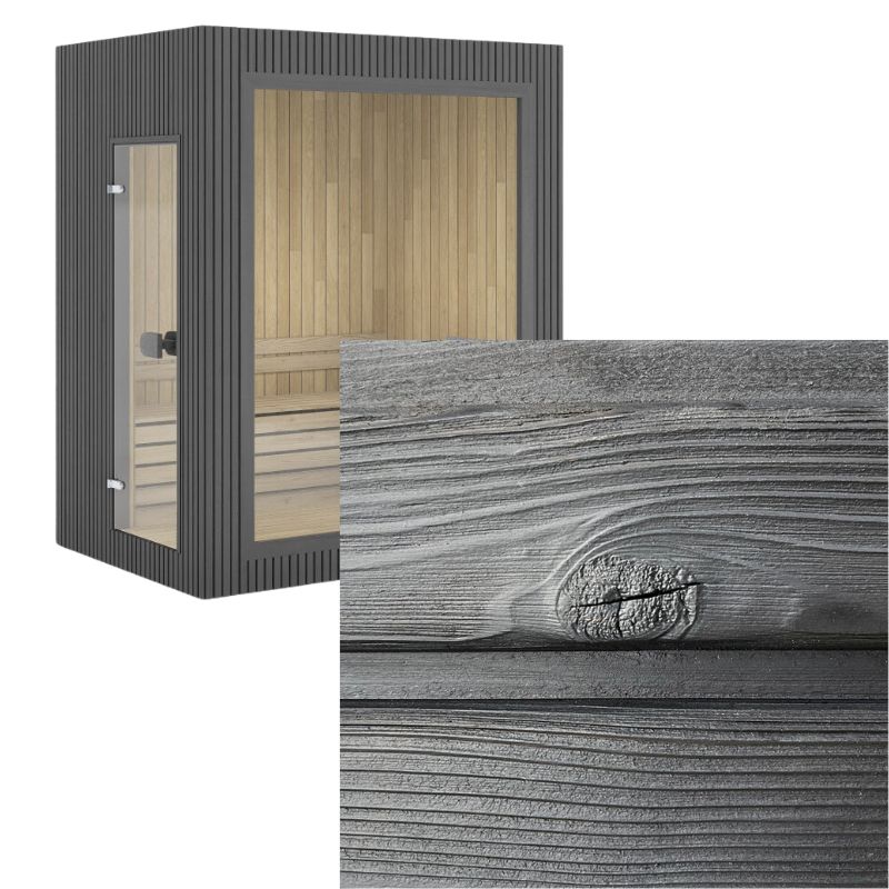 Gartensauna Jonas Mini mit stilvoller, dunkel gebrannter Fichtenholz-Verkleidung, strukturierte Holzoberfläche mit Astloch in Detailansicht.
