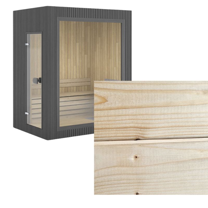 Gartensauna Jonas Mini mit heller, naturbelassener Fichtenholz-Verkleidung, feine Holzmaserung und dezente Äste in Nahaufnahme.
