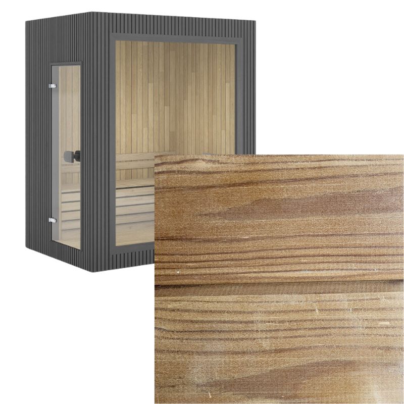 Moderne Gartensauna Jonas Mini mit Außenverkleidung aus hochwertiger Thermokiefer, warmbraune Holzmaserung in Nahaufnahme.