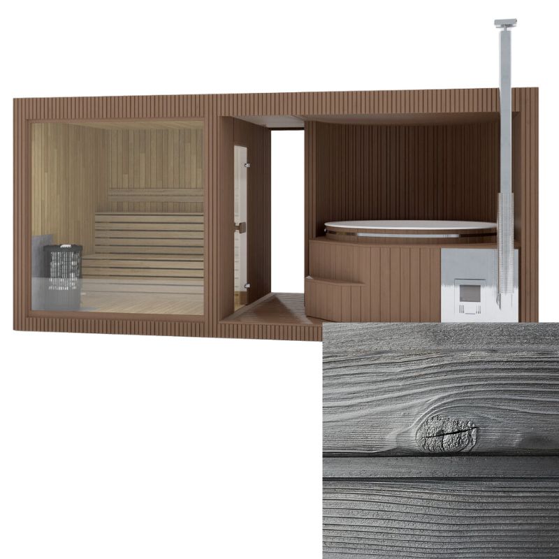 Moderne Gartensauna mit Whirlpool und Glasfront, verkleidet mit dunkel gebranntem Fichtenholz, Detailaufnahme der markanten Maserung unten rechts.