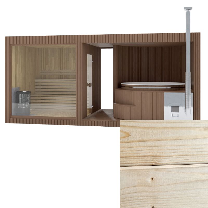 Moderne Gartensauna mit Whirlpool und Glasfront, verkleidet mit hellem Fichtenholz, Detailaufnahme der Holzmaserung unten rechts.