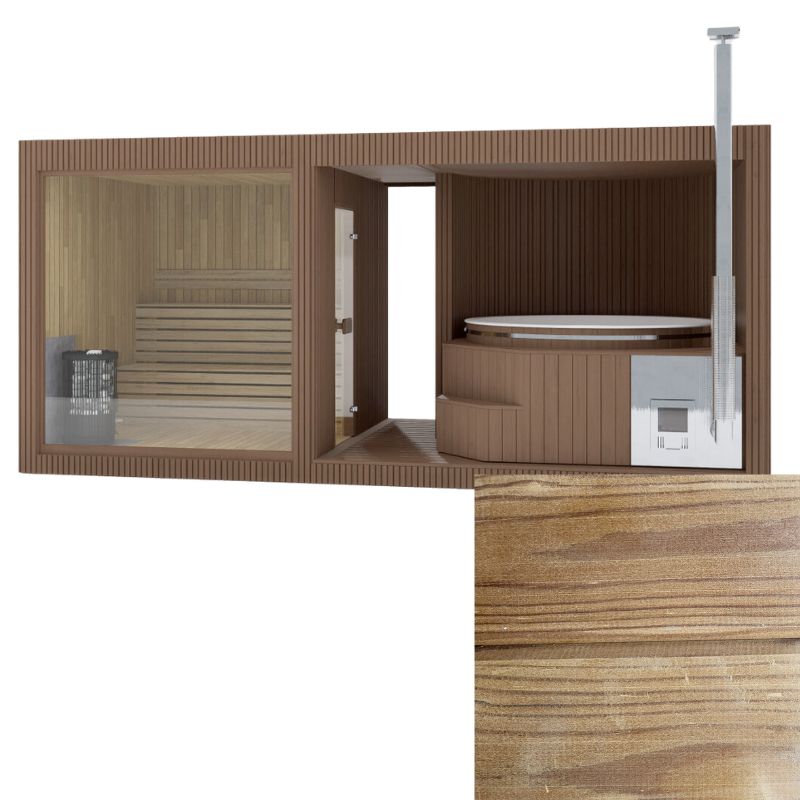 Moderne Gartensauna mit Whirlpool und Glasfront, verkleidet mit mittelbraunem Thermoholz, Detailaufnahme der glatten Holzstruktur unten rechts.