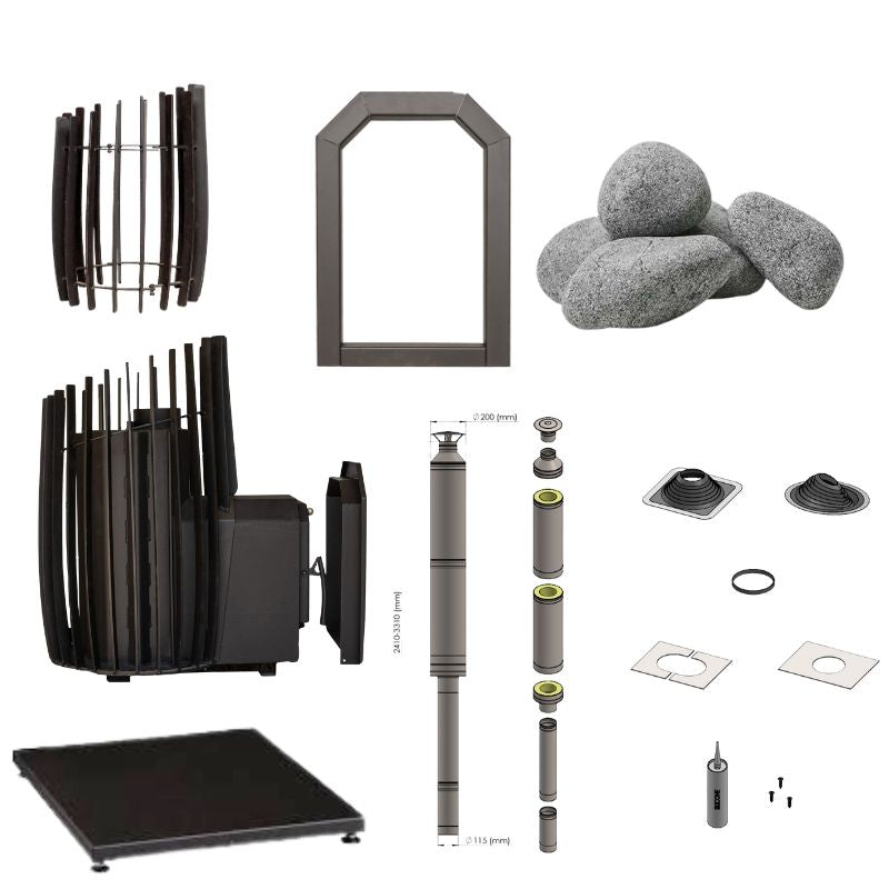 Lieferumfang des Cozy 12 SW-TW Saunaofen-Sets mit Außenbefeuerung: Seitenansicht des Ofens mit Frontcover, separatem Steinkorb, ca. 120 kg Saunasteine, Schornsteinset mit Anschlusselementen, Bodenplatte sowie umfangreichem Montagezubehör.