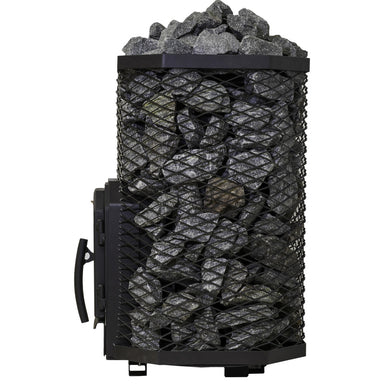 Kompakter Cozy 12 Holzsaunaofen mit großer Steinfüllung und Gitterverkleidung