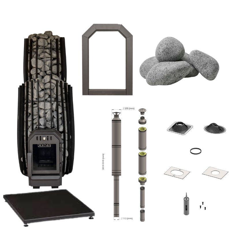 Visualisierung des vollständigen Lieferumfangs des Cozy 12 SW Saunaofen-Sets: Holzofen mit Steinkorb, ca. 120 kg Saunasteine, Schornsteinset mit Anschlusselementen, Bodenplatte, Frontcover für TW-Version sowie Zubehör für Montage und Anschluss.
