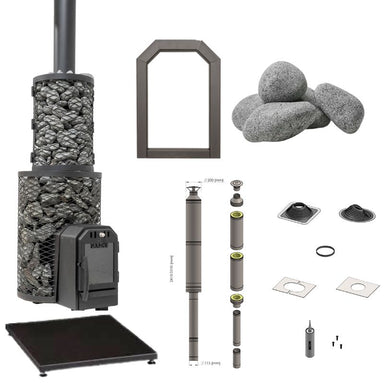 Cozy 18 O-TW Tunnel-Holzsaunaofen Komplettset mit externer Holzbeschickung, Schornsteinset, Bodenplatte, Saunasteinen und Zubehör – ideal für Saunen mit Wanddurchführung.