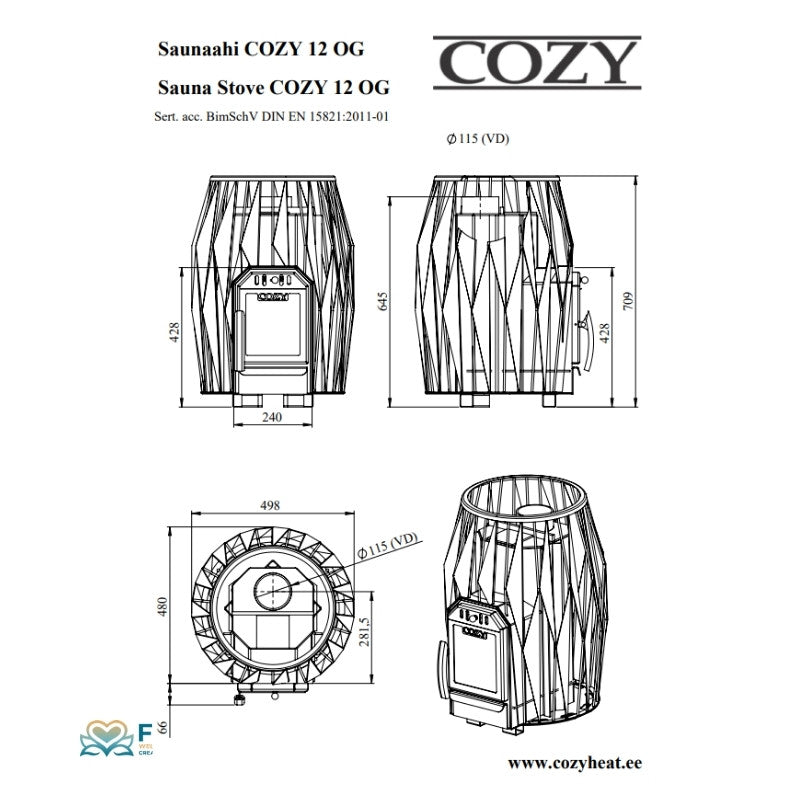 Technische Zeichnung des Cozy 12 OG Saunaofens – präzise Maße und Aufbau für fachgerechte Installation