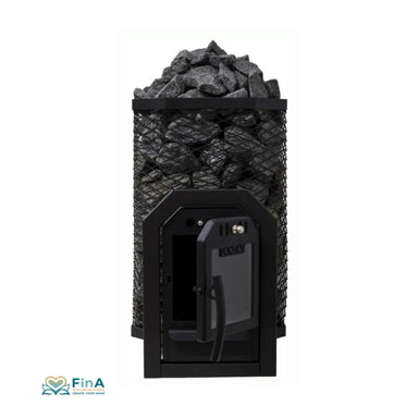 Seitliche Ansicht des COZY 12 TW Saunaofens mit großzügigem Steinvolumen für intensive Hitze.