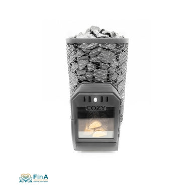 COZY 18 O TW Holzofen mit offener Brenntür – massiver Saunaofen mit elegantem Gitter-Design für gleichmäßige Wärmeabgabe