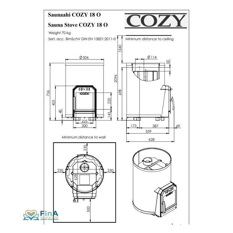 Technische Zeichnung Saunaofen COZY 18 O – Maße, Abstände und Anschlussdaten gemäß DIN EN 15821:2011-0