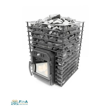 Leistungsstarker Holz-Saunaofen COZY 18 QUATTRO mit geschlossener Glastür und großer Steinfüllung – ideal für Aufgüsse.