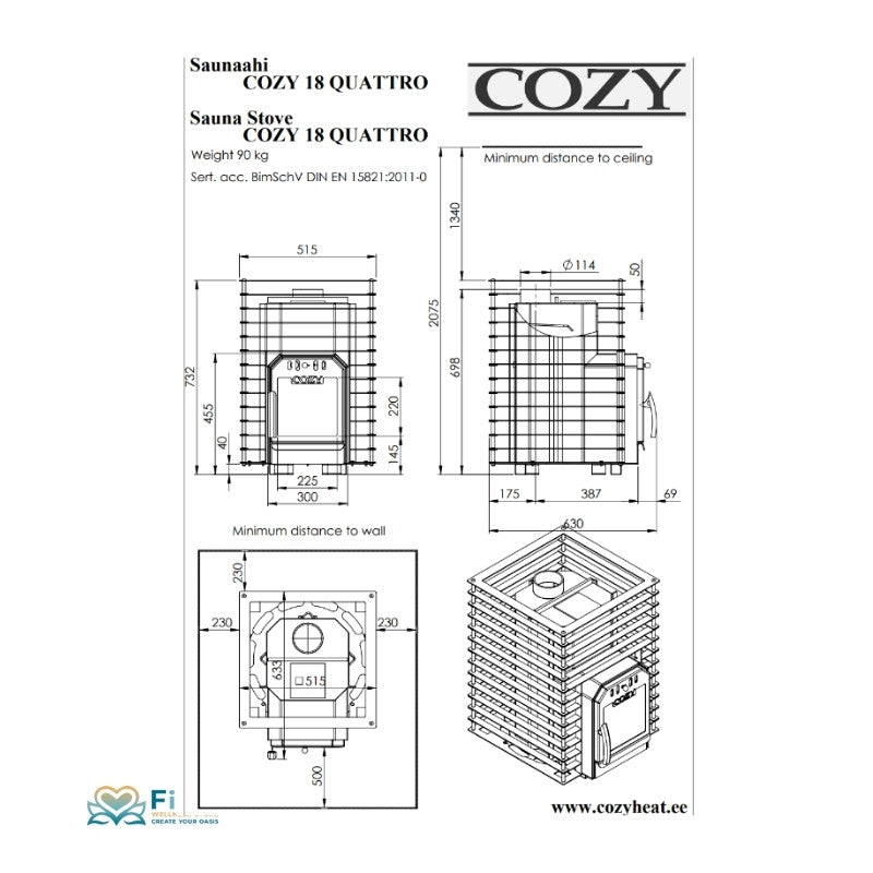 Technische Zeichnung des COZY 18 QUATTRO Saunaofens mit Maßangaben und Sicherheitsabständen gemäß DIN EN 15821.