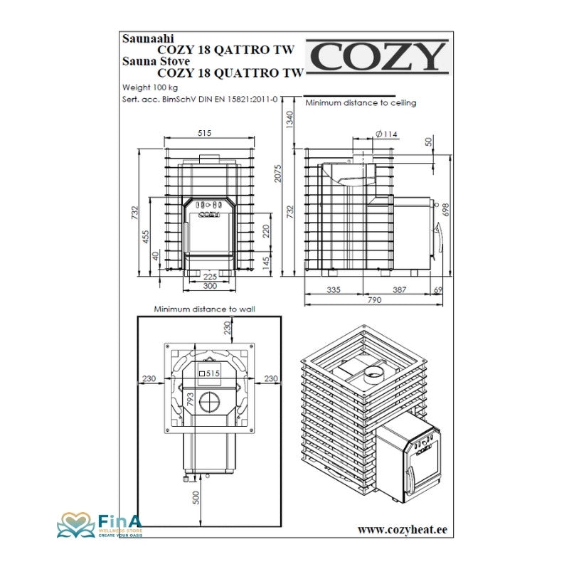 Technische Zeichnung COZY 18 QUATTRO TW – Maße, Sicherheitsabstände und Aufbau gemäß DIN EN 15821:2011 für präzise Saunaplanung