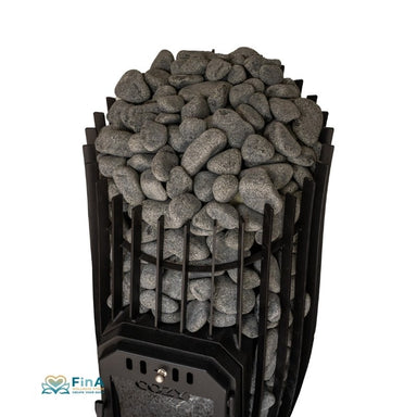 Top-Ansicht COZY 18 SW mit runden Saunasteinen – ideal für gleichmäßige Hitzeverteilung und Dampfentwicklung