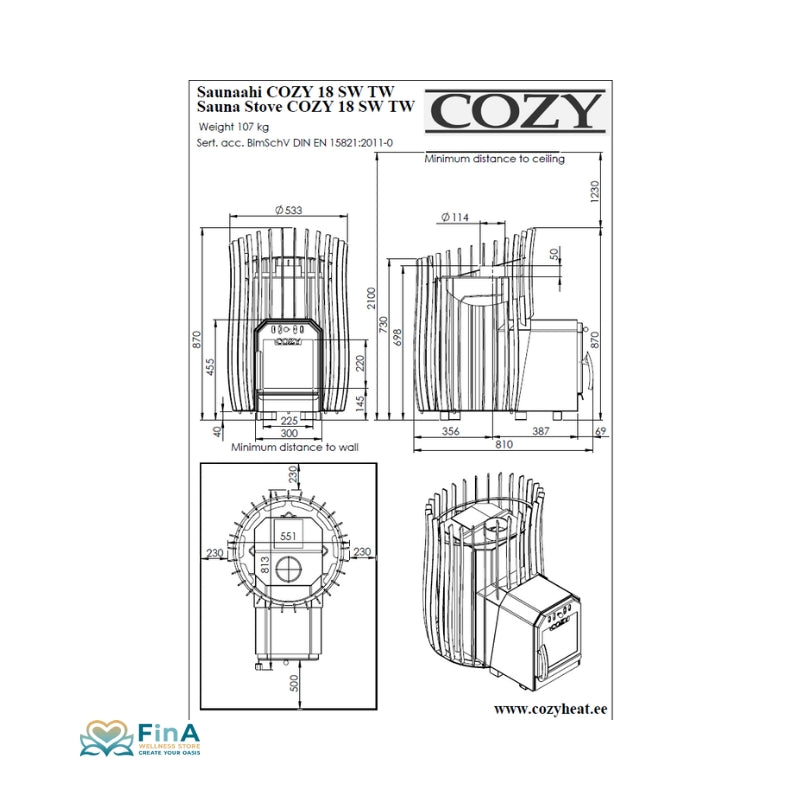Cozy 18 SW TW wood-burning sauna heater 10.1 kW - BimSchV2 for 9-18 m³ sauna cabins