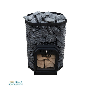 COZY 18 Saunaofen mit gefüllter Brennkammer – Holzbeheizter Ofen für finnische Sauna mit massivem Steinkorb