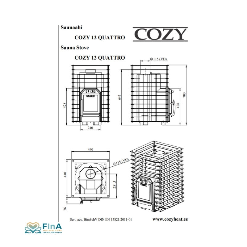 Technische Zeichnung des Cozy 12 Quattro Saunaofens – Maße, Anschluss und Aufbau auf einen Blick