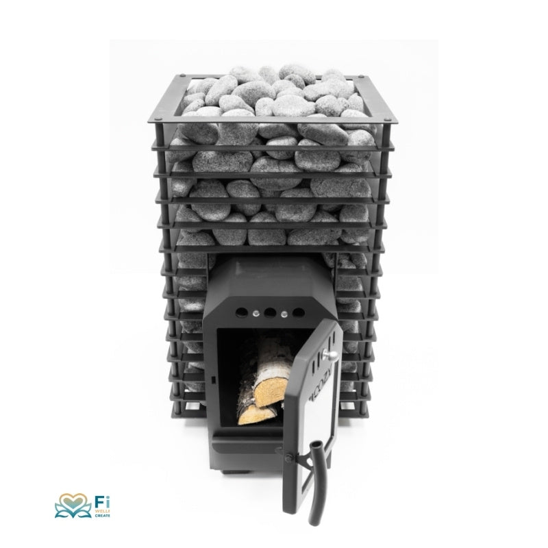 Saunaofen Cozy 12 Quattro TW in perspektivischer Seitenansicht mit COZY-Logo und Holzfach