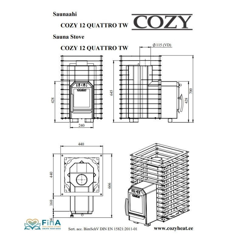 Technische Zeichnung des Cozy 12 Quattro TW Saunaofens – Maße und Aufbau im Detail erklärt