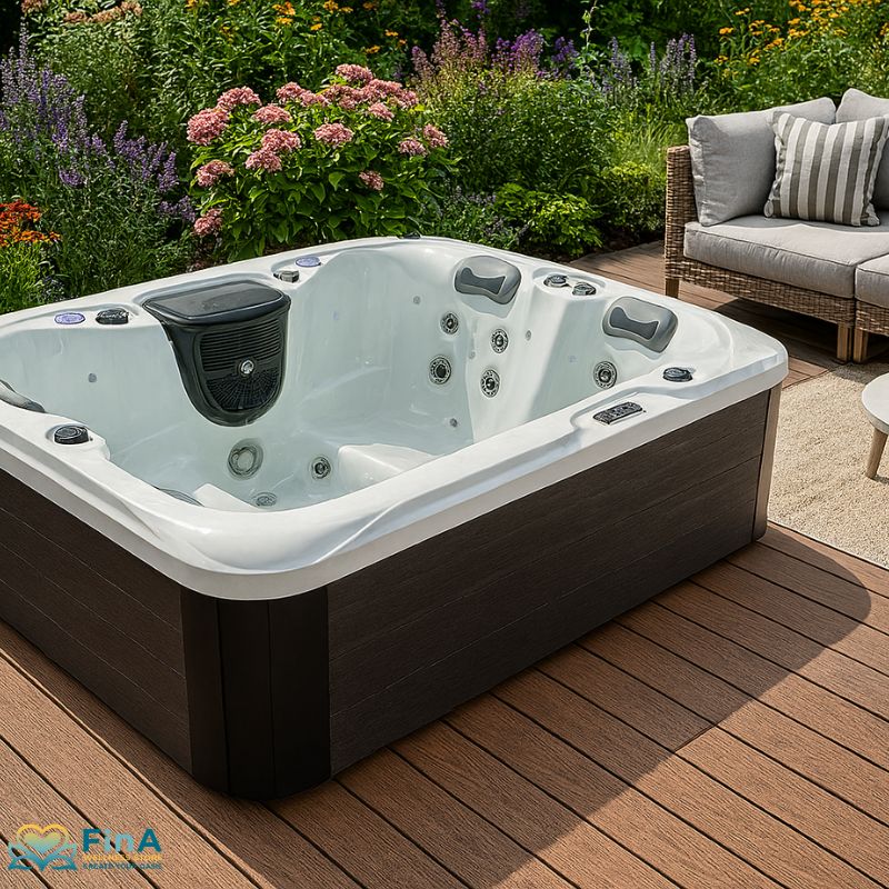 Outdoor Whirlpool FinA Aqualora auf eleganter Holzterrasse, umgeben von blühenden Gartenpflanzen und einer modernen Lounge mit Sofaecke – stilvolles Wellnessambiente im Freien für bis zu 3 Personen.