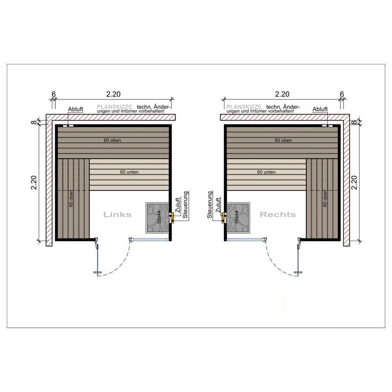 Grundriss der Frieda Innensauna Modell E2222 mit großzügigen Maßen 2,20 m x 2,20 m, ideal für mehrere Personen