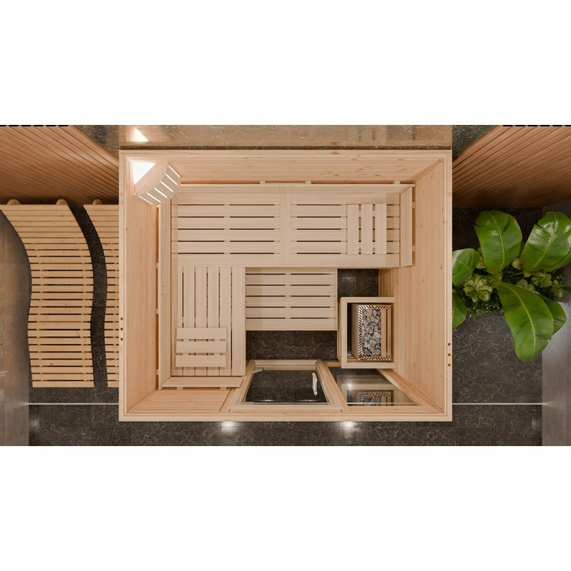 Blick von oben in die geöffnete Frieda Innensauna mit ergonomisch angeordneten Sitzbänken, Rückenlehnen und Saunaofen mit Steinen