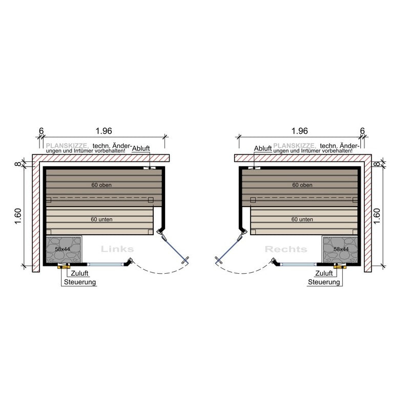Grundriss der Frieda Sauna in 196 × 160 cm – kompakte Ecklösung mit variabler Türposition und Ofenplatzierung